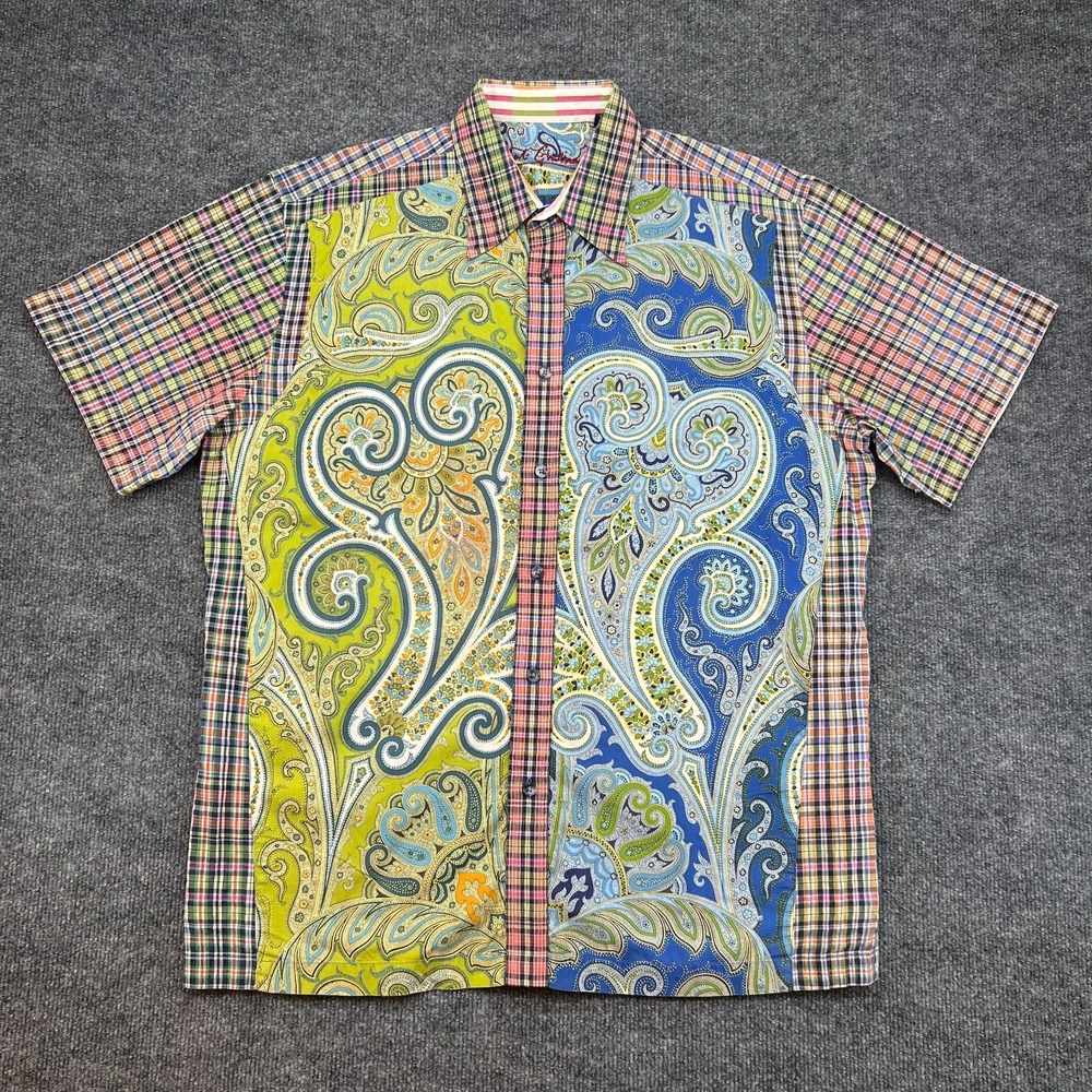 Robert Graham Mens XL Short Sleeve Button Up Shirt Paisley Colorblock Plaid
